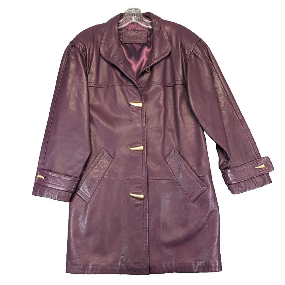 Jacqueline Ferrar Women's M Purple Genuine Leather Long Coat Button Lined